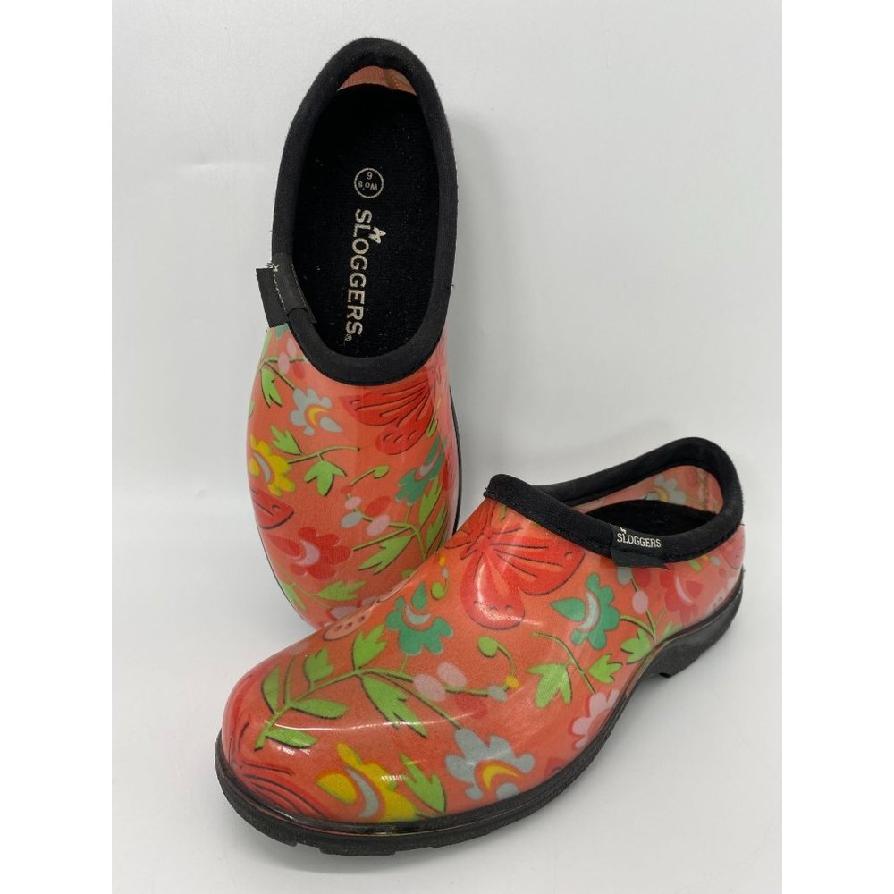 Sloggers Slip On Rain Garden Shoes Women's 6 Floral Butterfly Red Green Rubber F
